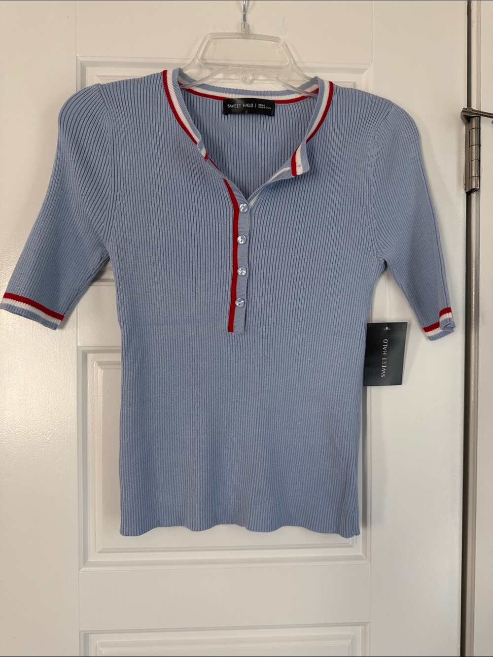 Sweet Halo Ribbed Polo Top in Light Blue with Red & White Trim